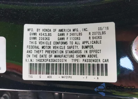 2016 Honda Accord Ex-L V-6 z USA, uszkodzony, nr VIN 1HGCR3F82GA030074